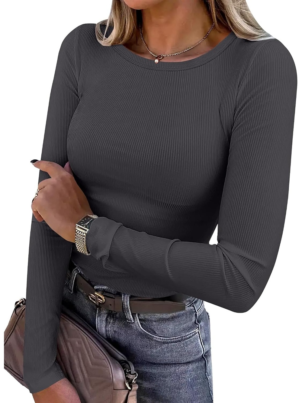Women's Charcoal Slim Lightweight Knit Long Sleeve Shirts Ribbed Fitted Tops